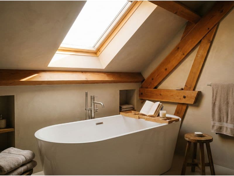 Freistehende Badewanne unter Dachschräge mit Dachfenster