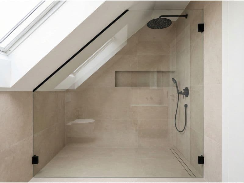 Walk-In Dusche unter Dachschräge mit Glasabtrennung