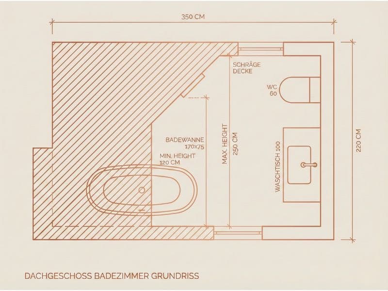 Grundriss Bad mit Dachschräge und optimaler Objektplatzierung